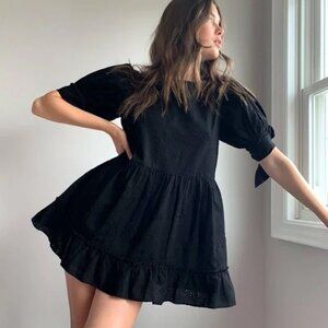 Aritzia Sunday Best Oregold Embroidered Babydoll Dress - size M Black mini dress